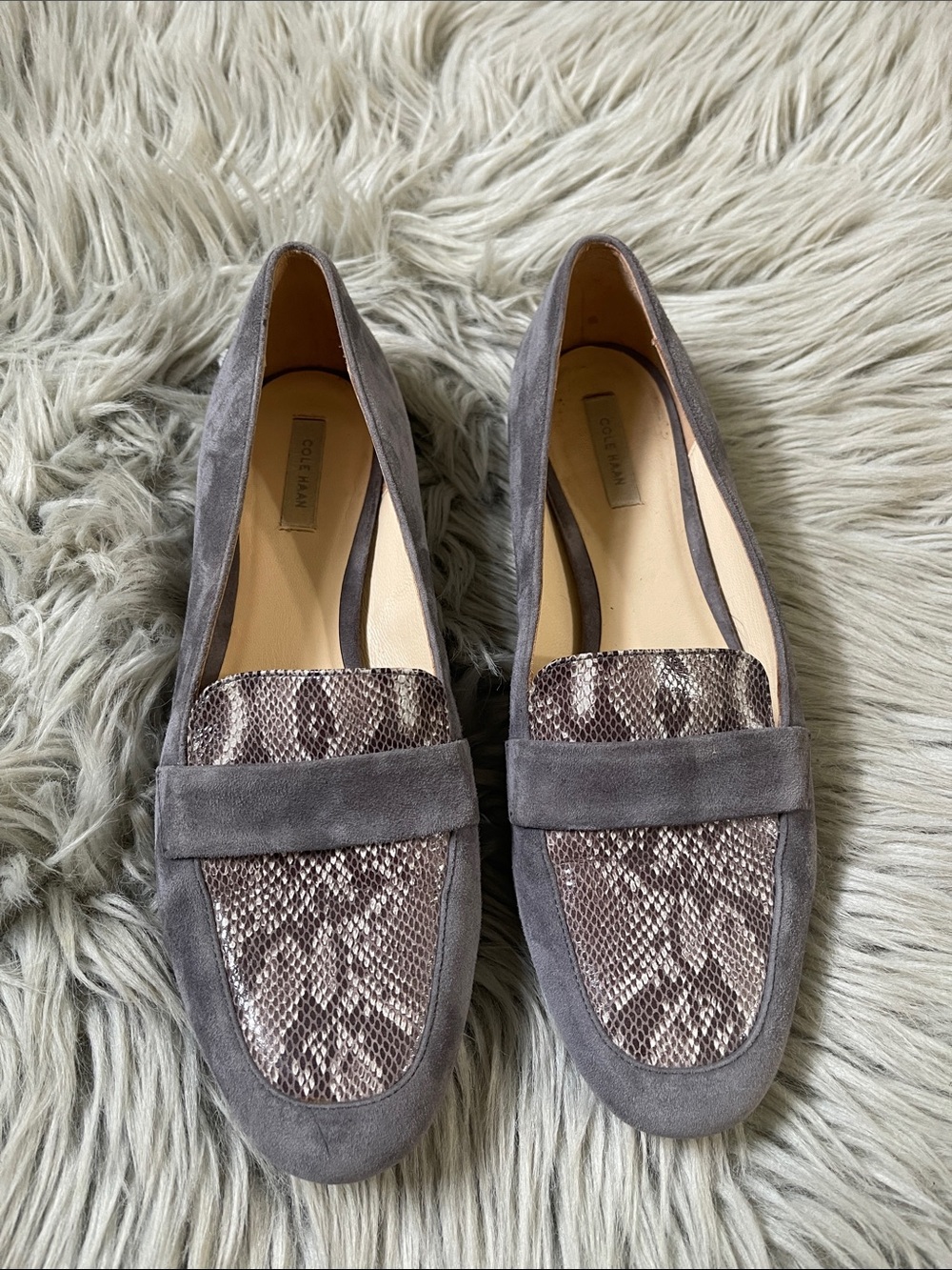 Cole Haan Gray Suede Loafers with Snake-Print Vamp